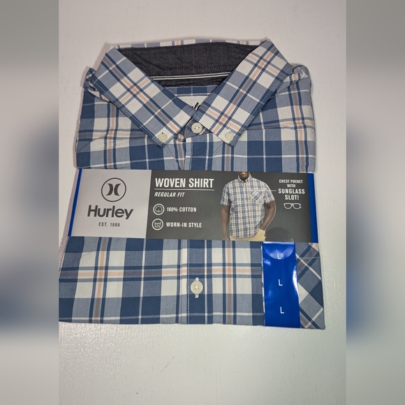 Hurley Men's Blue/White Plaid Woven Short Sleeve Shirt - Picture 2 of 5